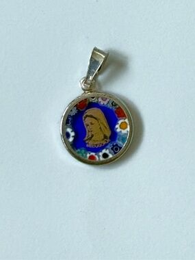 Vintage Murano Glass Millefiori Pendant of Virgin Mary Sterling Silver